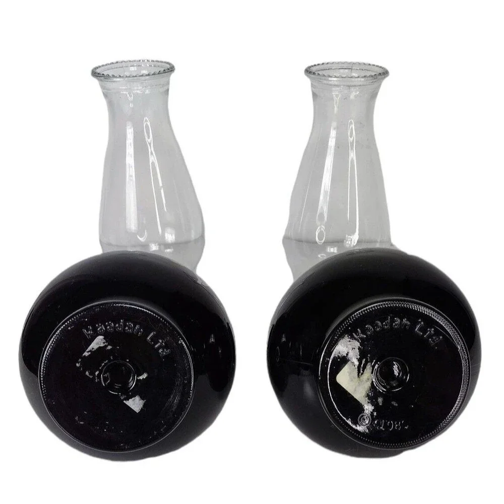 Kaadan LTD 80s Vintage Hand-Painted Black Glass Bamboo Floral Design Oil Lamps